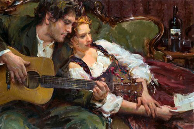 Русский романтик. Даниэль Герхартц влюбленные с гитарой. Daniel f. Gerhartz the Ballad. Гитарист в современной живописи. Картины великих художников о любви.